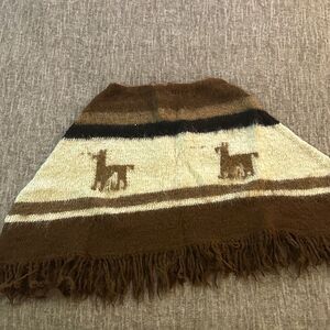 Vintage Brown and Cream Knit Poncho with Llama Design